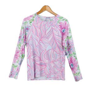 Stella Parker Long Sleeve Athletic Shirt Pink White Floral Pullover Large